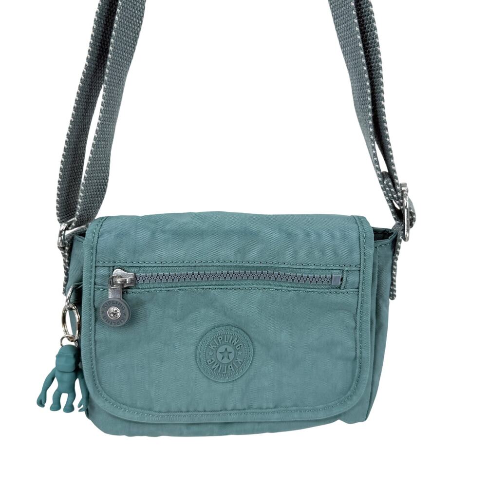Kipling Sabian Mini Crossbody Bag Teal Blue Nylon Monkey Charm Flap Purse